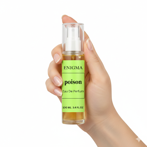 Hand holding a perfume bottle labeled 'Enigma Poison' on a white background