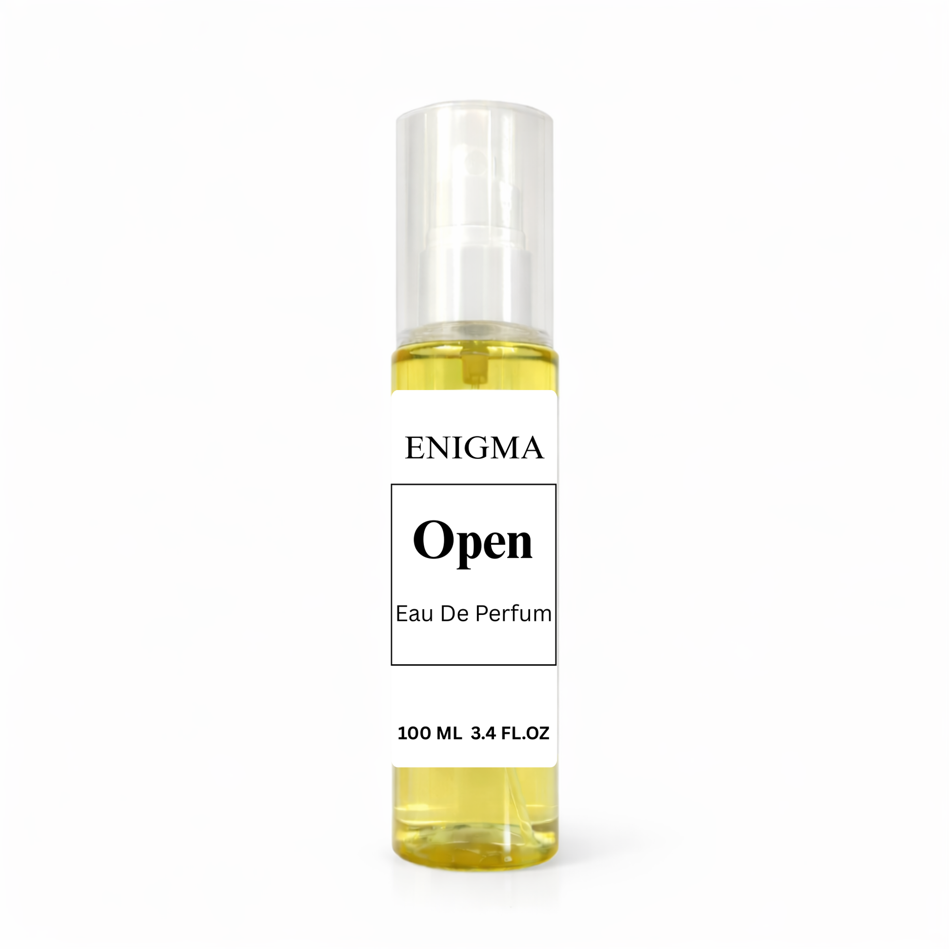 Perfume bottle labeled 'Enigma Open' on a white background
