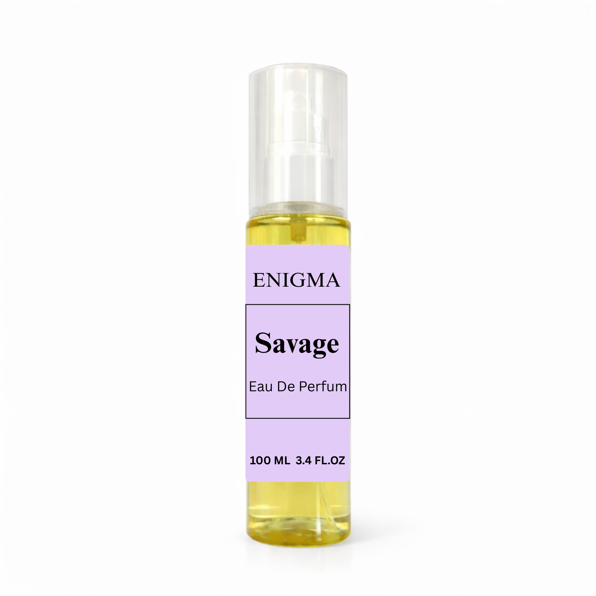 Perfume bottle labeled 'Enigma Savage' on a white background