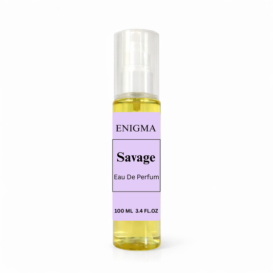 Perfume bottle labeled 'Enigma Savage' on a white background