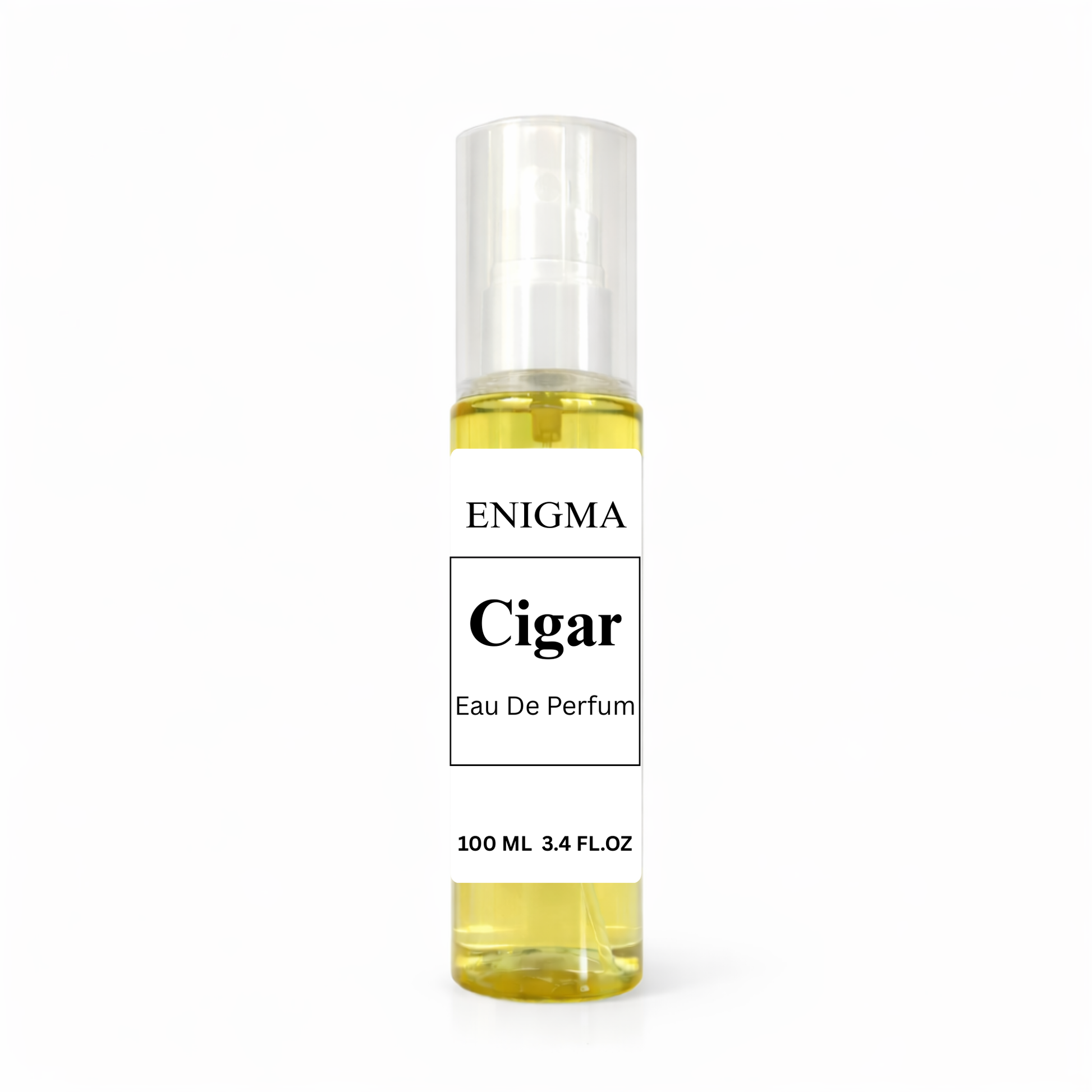 Perfume bottle labeled 'Enigma Cigar' on a white background