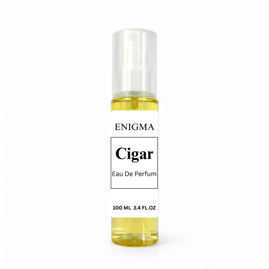 Perfume bottle labeled 'Enigma Cigar' on a white background