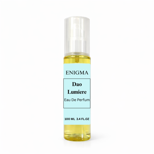 Perfume bottle labeled 'Enigma Dao Lumiere' on a white background