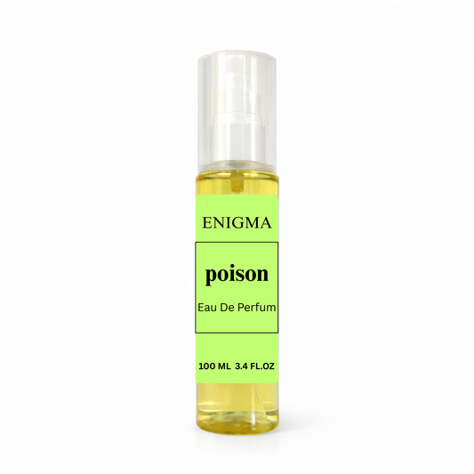 Perfume bottle labeled 'Enigma Poison' on a white background